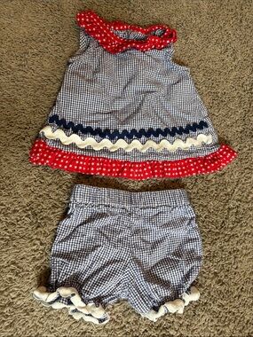 Girls Two-Piece Gingham Ruffle Set in Red, White and Blue